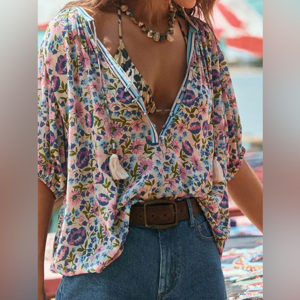 Floral Tie Neck Half Sleeve Blouse